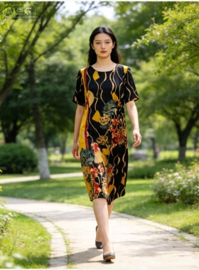 中年妈妈真丝连衣裙 杭州重磅桑蚕丝印花 宽松遮肉显瘦中长款夏装