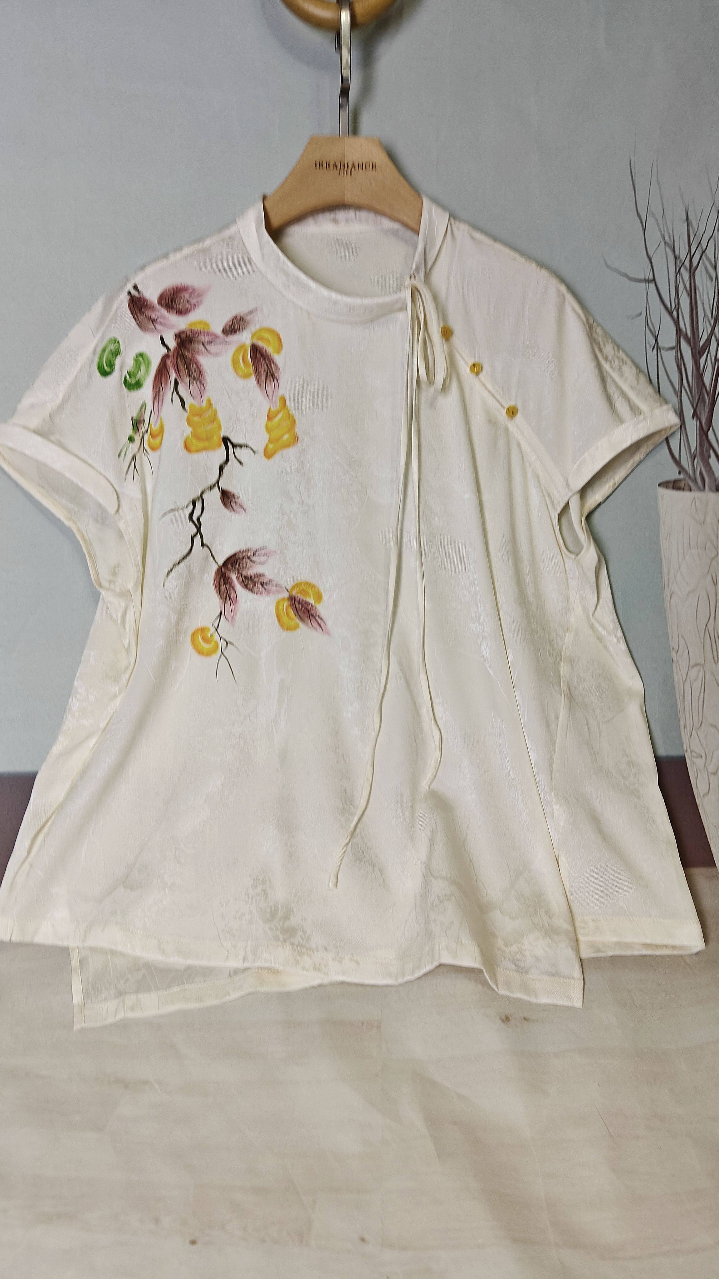 jn桑蚕丝手绘上衣春夏新款新中式手绘复古短袖T恤中长款衬衫女B35