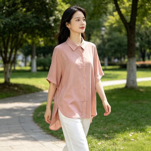 夏季桑蚕丝宽松蝙蝠袖显瘦衬衫