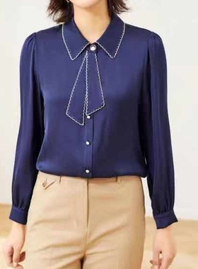 仙仙家内搭也很好看 雅致的华美蓓蕾幽蓝色重磅专柜真丝衬衣B9