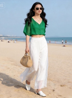 黑白色桑蚕丝阔腿裤女夏薄款高腰垂感飘逸纱裙裤休闲真丝直筒长裤