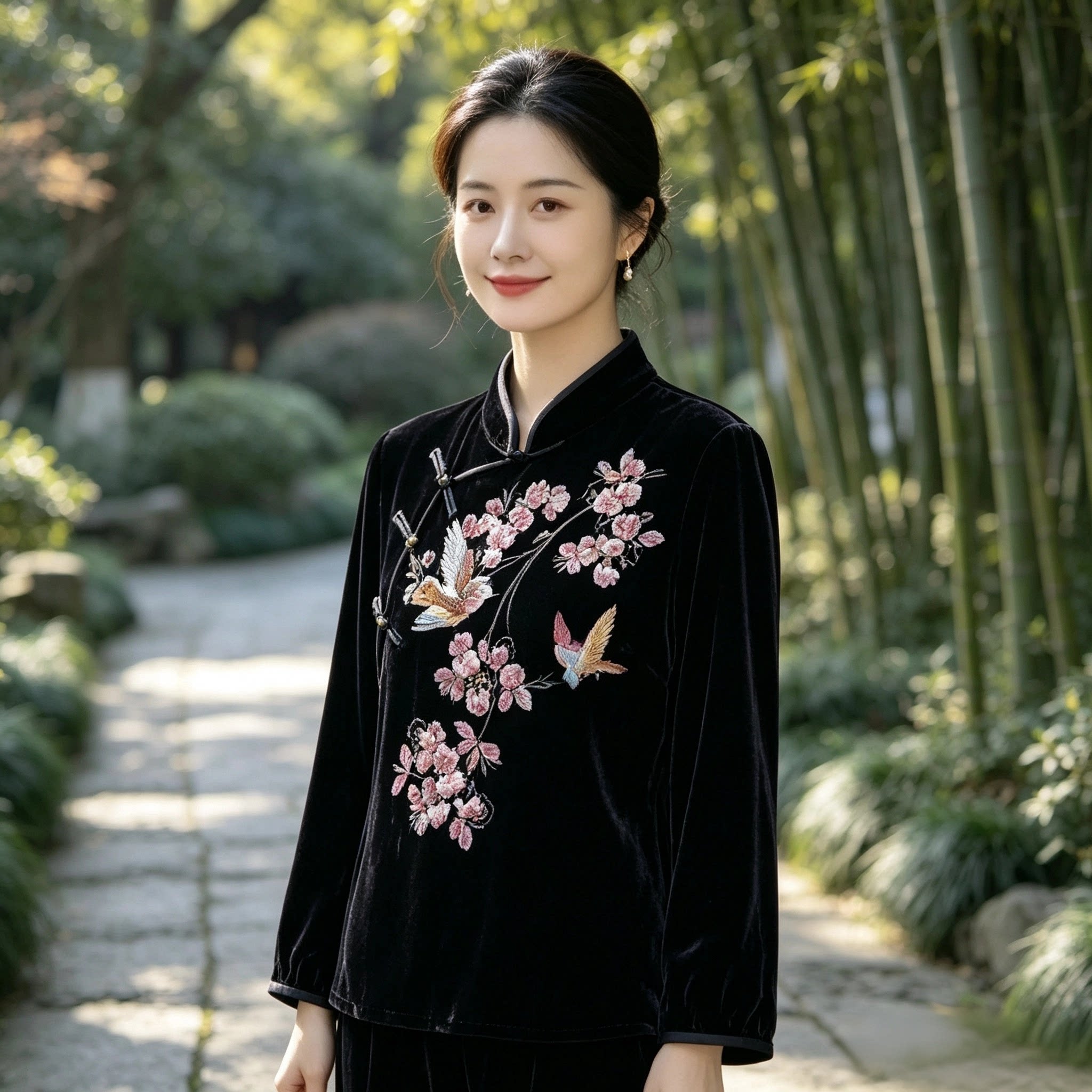 真丝丝绒中式上衣女 重工花鸟刺绣 立领斜襟盘扣 春秋桑蚕丝衬衫