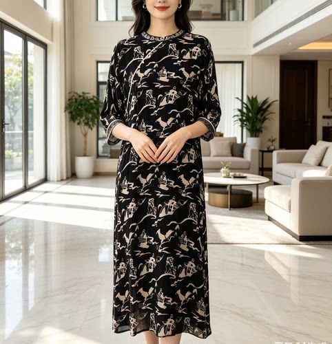 新中式桑蚕丝丝绒连衣裙女复古国风山水印花妈妈显瘦中长款旗袍裙