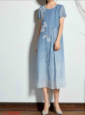 仙仙双层桑蚕丝连衣裙真丝短袖长裙 J101