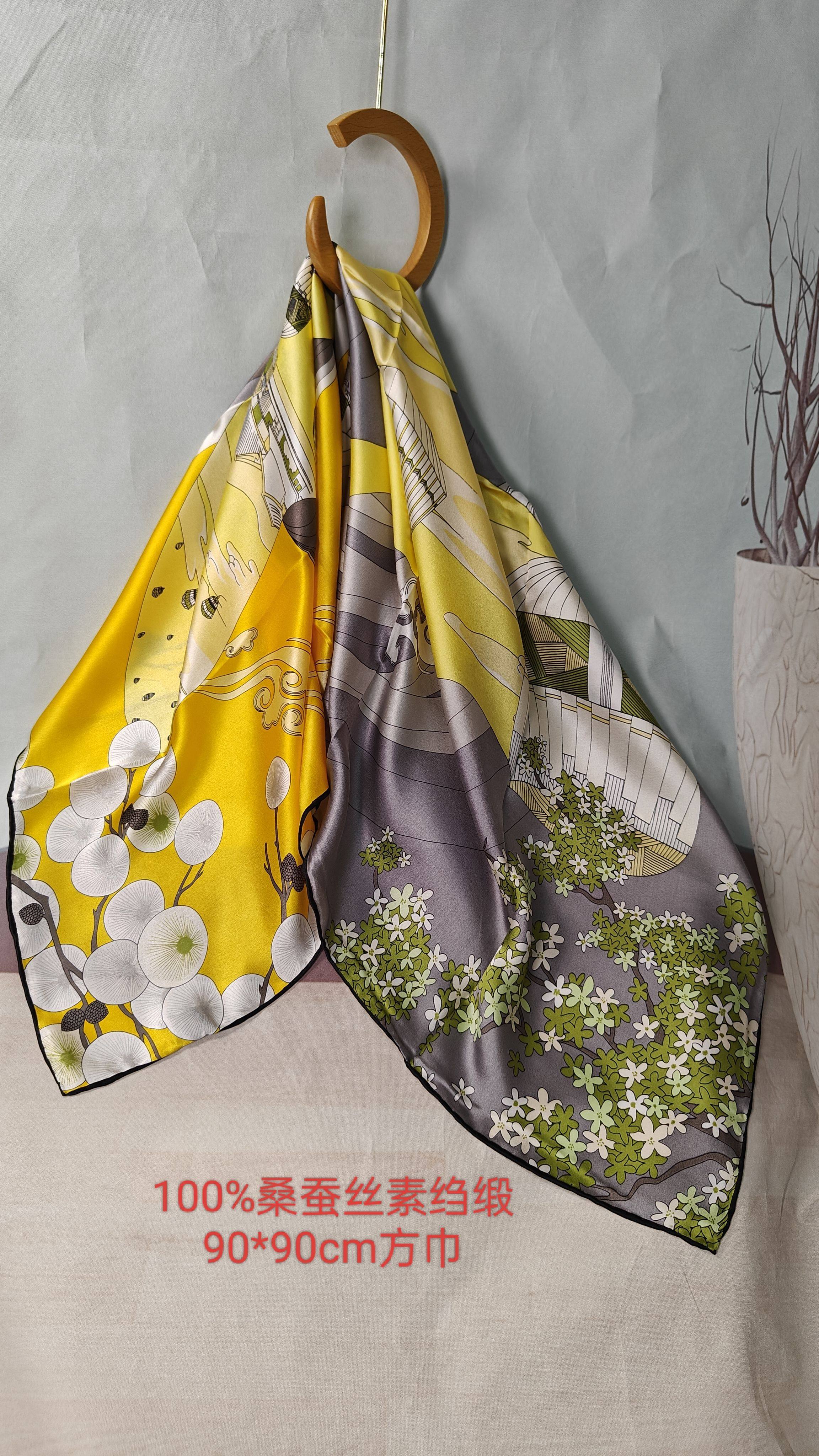 丝巾真丝大方巾百搭春秋冬季洋气时尚100%桑蚕丝90x90cm围巾披肩
