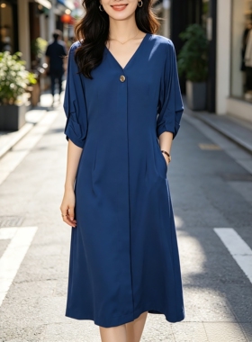 藏蓝色桑蚕丝连衣裙 重磅真丝V领中袖宽松气质显瘦妈妈中长裙Y30
