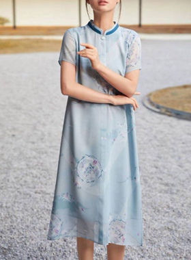 仙仙100%双层桑蚕丝连衣裙中式立领花色真丝长裙J107