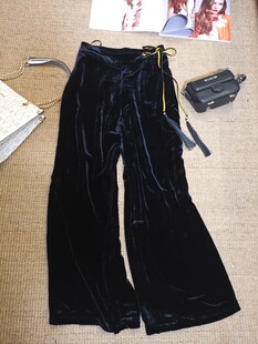 时髦100%桑蚕丝丝绒阔腿裤女高腰垂感秋冬韩版显瘦宽松直筒长裤子