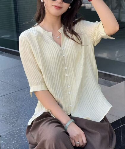 法式桑蚕丝V领条纹中袖衬衫女