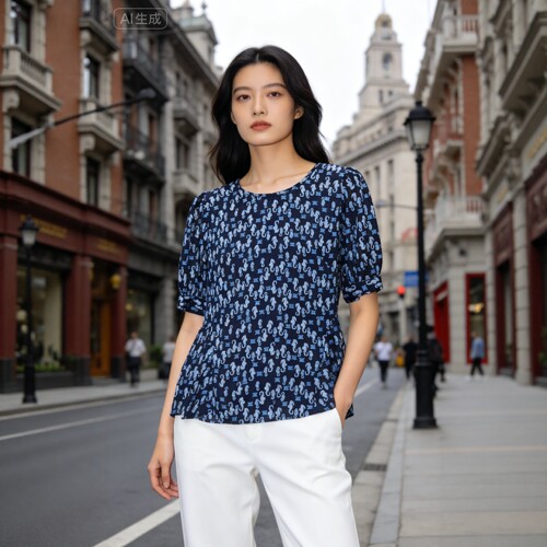藏蓝桑蚕丝海马印花泡泡袖T恤