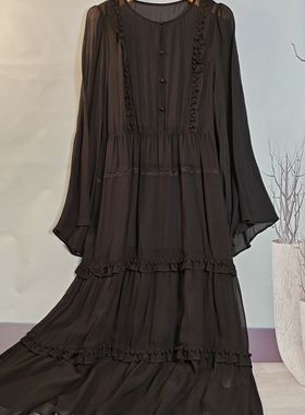 桑蚕丝乔其真丝连衣裙长袖法式复古海边度假沙滩A字裙 黑长裙A14