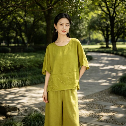 夏季桑蚕丝混纺棉麻刺绣女上衣