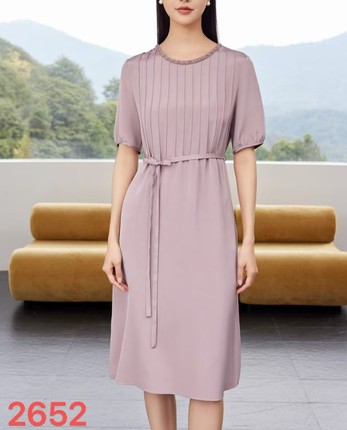 时尚高端重绉真丝连衣裙女中长款2025夏新款气质短袖桑蚕丝裙A32