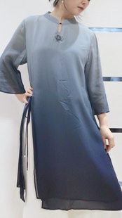 仙仙微次双层桑蚕丝长款开叉上衣立领中袖中式长衫J130