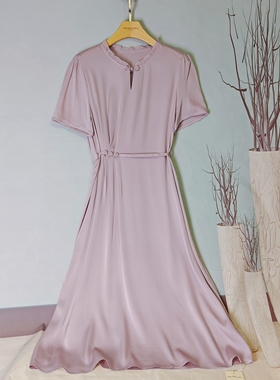 时尚高端弹力双乔真丝连衣裙女中长款2025夏气质短袖桑蚕丝裙A33