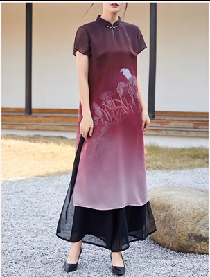 巨亏双层真丝长款上衣女时尚印花开叉复古立领连衣裙优雅飘逸J113