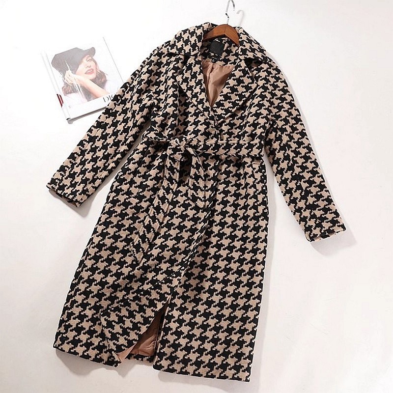 晓晓外贸 千鸟络翻领大衣女中长款宽松加厚羊毛毛昵外套~~A4391