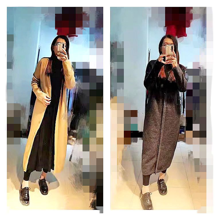 晓 外贸女J003版型赞 2色可当袍穿高温片羊毛V领长针织开衫~A2888