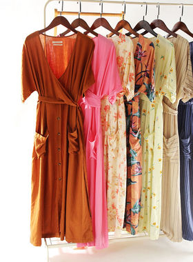 外贸女长裙 多色可选 系带修身显瘦实用大口袋V领连衣裙~~A3200