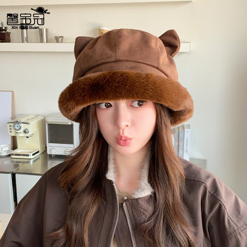 冬季毛绒保暖护耳帽子女甜美可爱猫耳朵盆帽加绒加厚显脸小渔夫帽