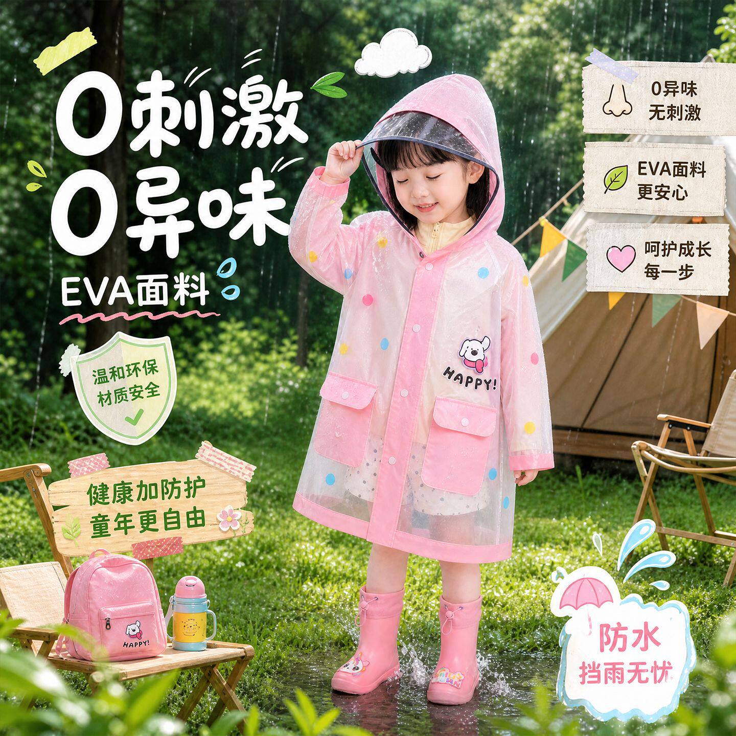 EVA儿童卡通雨衣环保无异味带书包位大帽檐防水透气雨披源头厂家图片