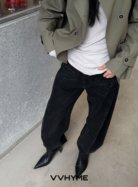 OopsLuLu 复古黑色阔腿弯刀牛仔裤女美式百搭高腰直筒宽松休闲裤