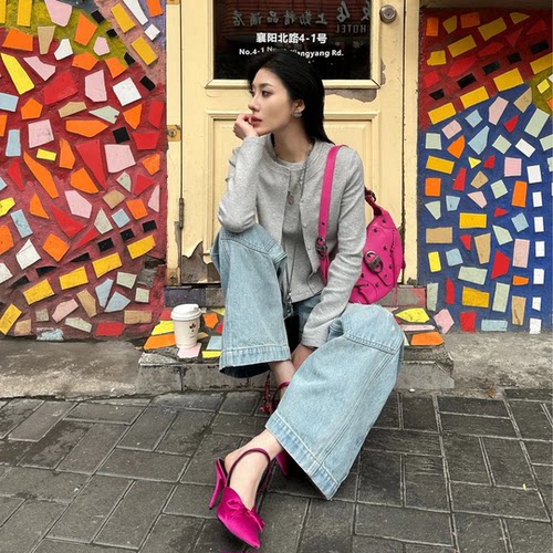 杂志风短款韩系假两件圆领卫衣女