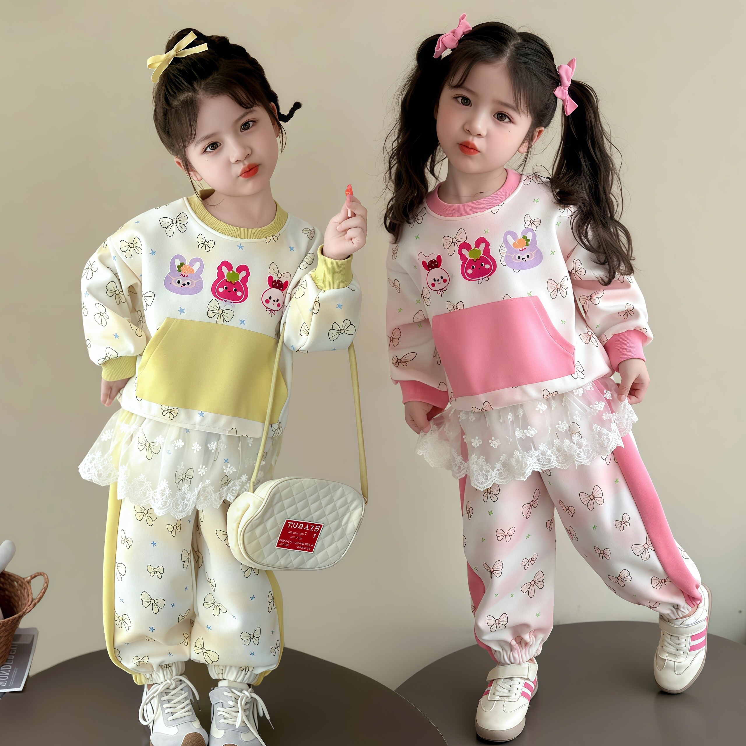 女童套装2026新款春季洋气春秋款满印蝴蝶结屁帘卫衣女宝运动春装