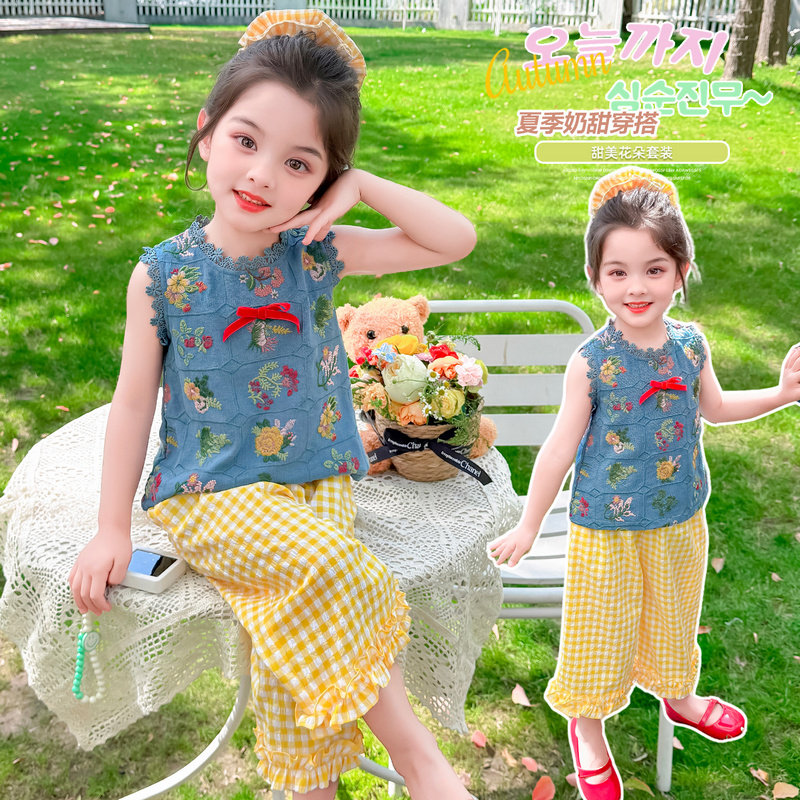 女童2026新款夏装纯棉花朵衬衫格子裤两件套装女宝中小童春夏衣服