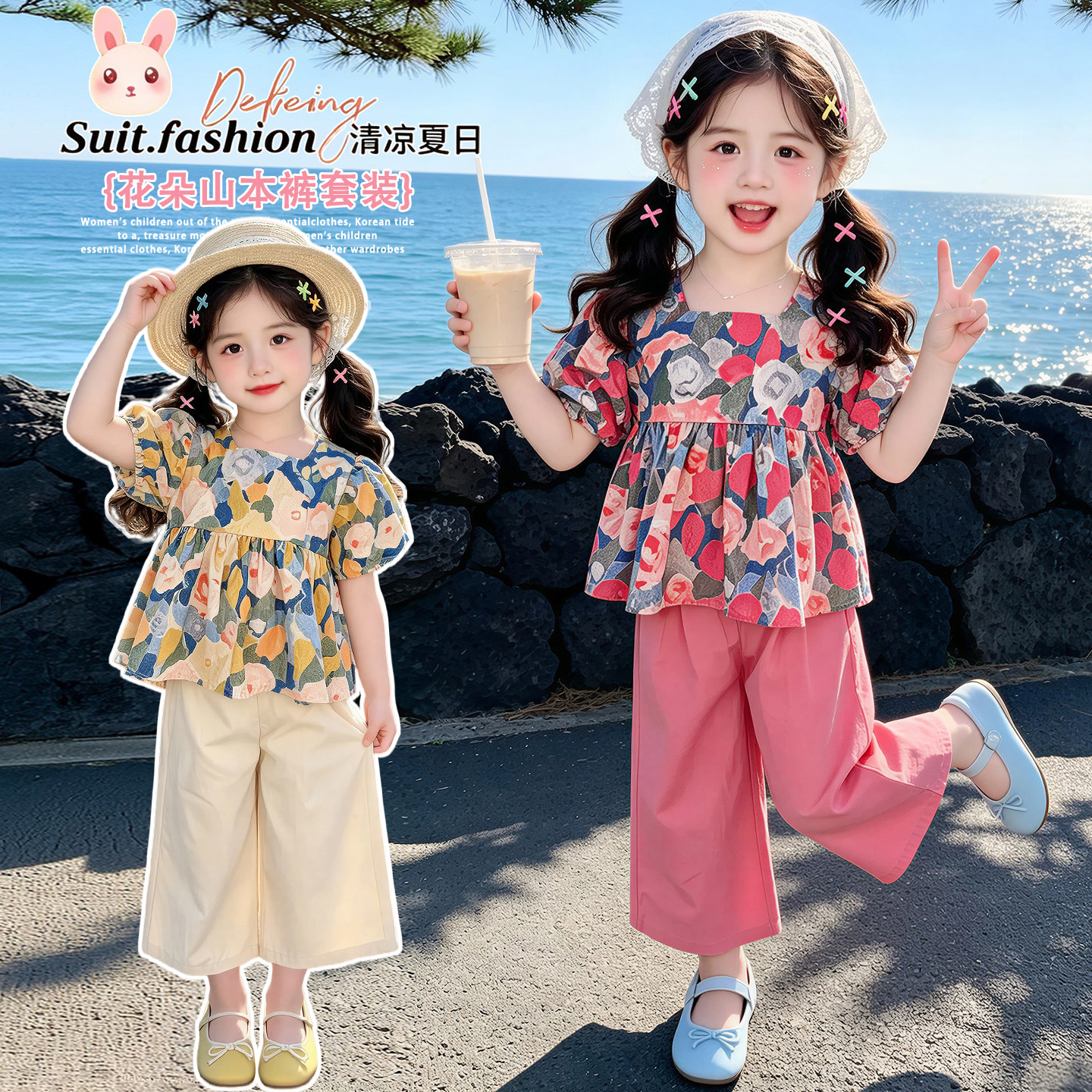 女童2026新款夏装洋气碎花朵衬衫山本裤两件套装女宝春夏季衣服潮
