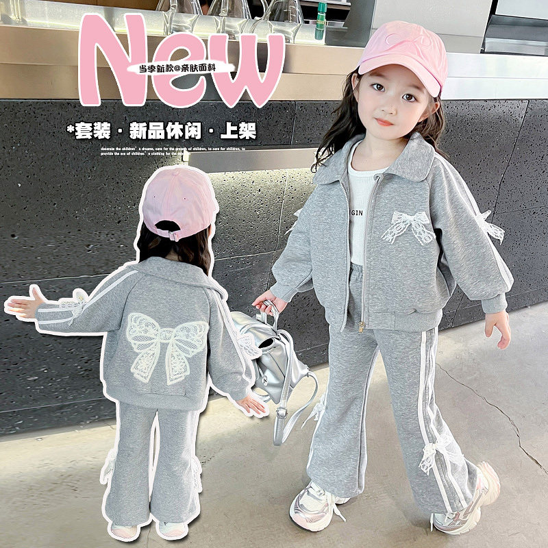女童秋装2026新款秋季洋气蝴蝶结卫衣两件套装休闲儿童运动衣服潮
