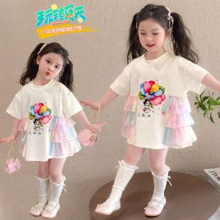 女童2026新款春装洋气彩纱拼接T恤裙女宝中小童春夏季连衣裙子潮