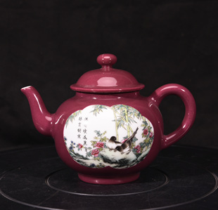 大清雍正年制胭脂红釉开窗珐琅彩花鸟纹酒壶茶壶