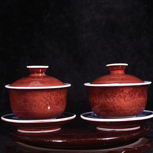 大明宣德年制宝烧宝石红釉青花缠枝莲纹天地人三才盖碗茶杯