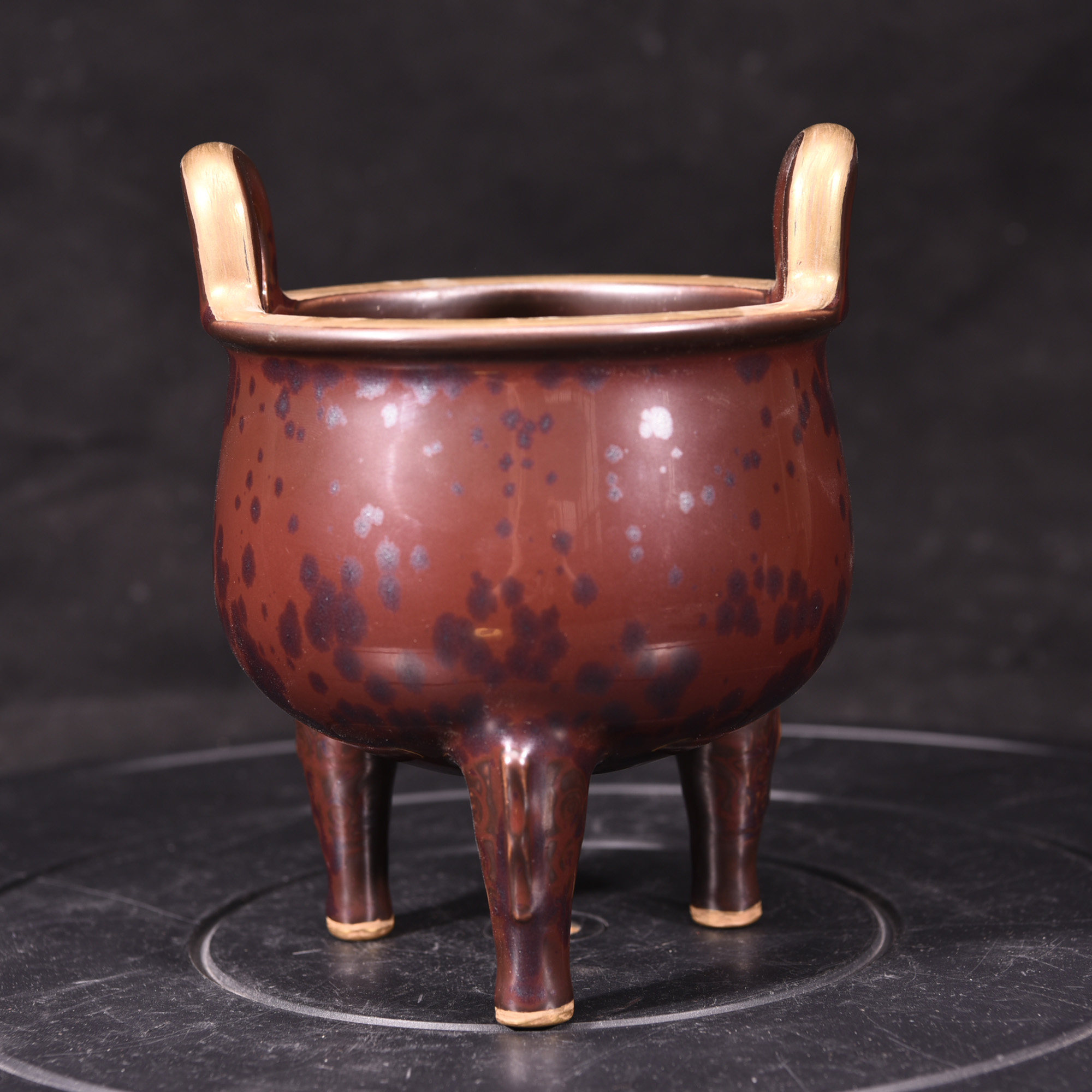 大清乾隆年制窑变紫金釉花斑本色真金香炉