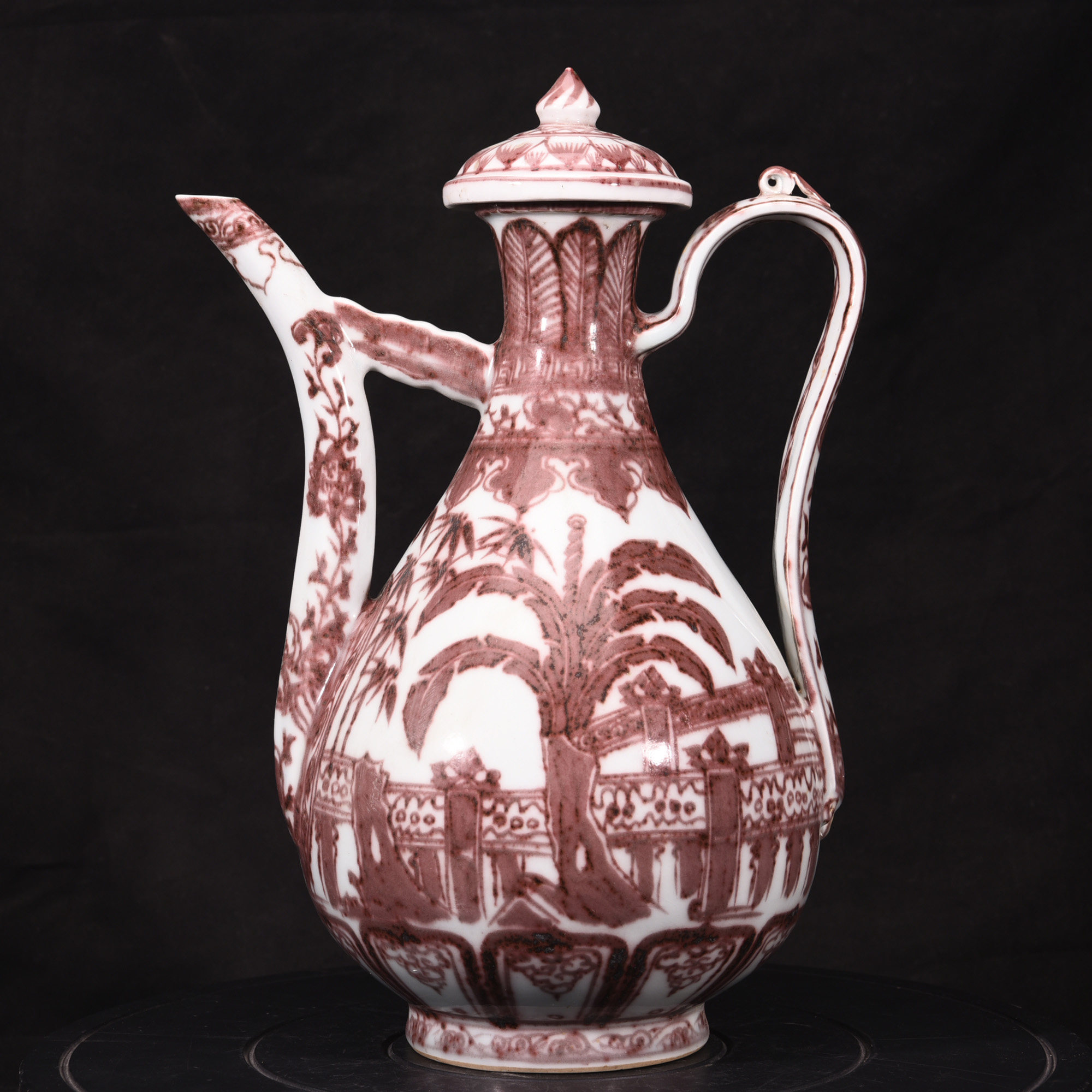 大明洪武年制釉里红庭院蕉叶纹执壶