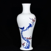 民国丁卯年1927年竹溪道人王步写青花釉里红喜上眉梢纹观音尊梅瓶