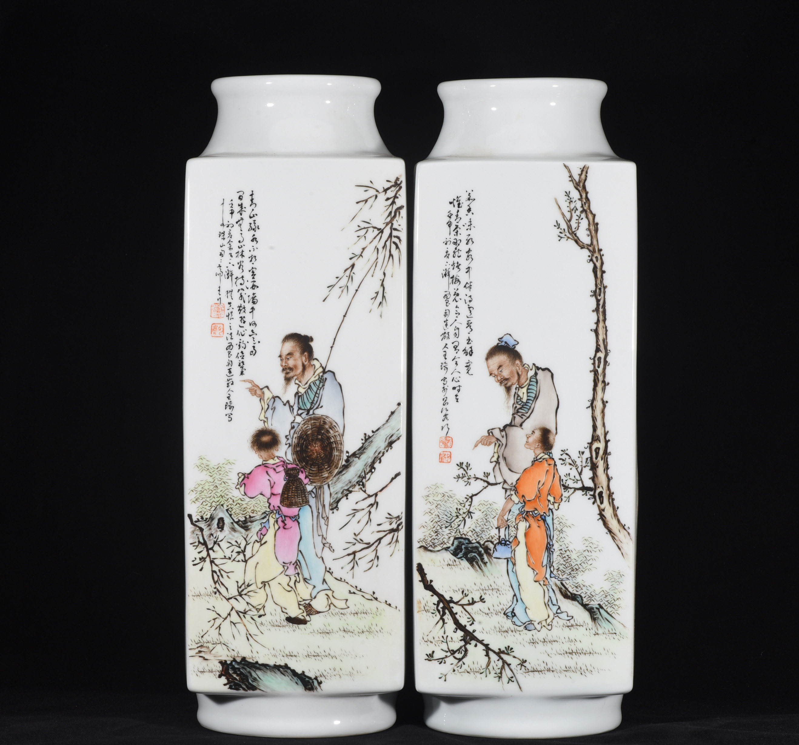 民国珠山八友王琦绘粉彩高士图纹四方琮式瓶