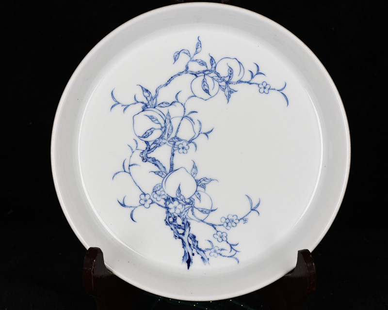 清康熙青花白描折枝蟠桃纹逸古堂柴清风臻品款茶盘笔洗