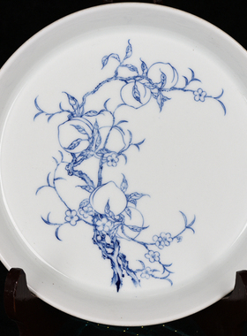 清康熙青花白描折枝蟠桃纹逸古堂柴清风臻品款茶盘笔洗