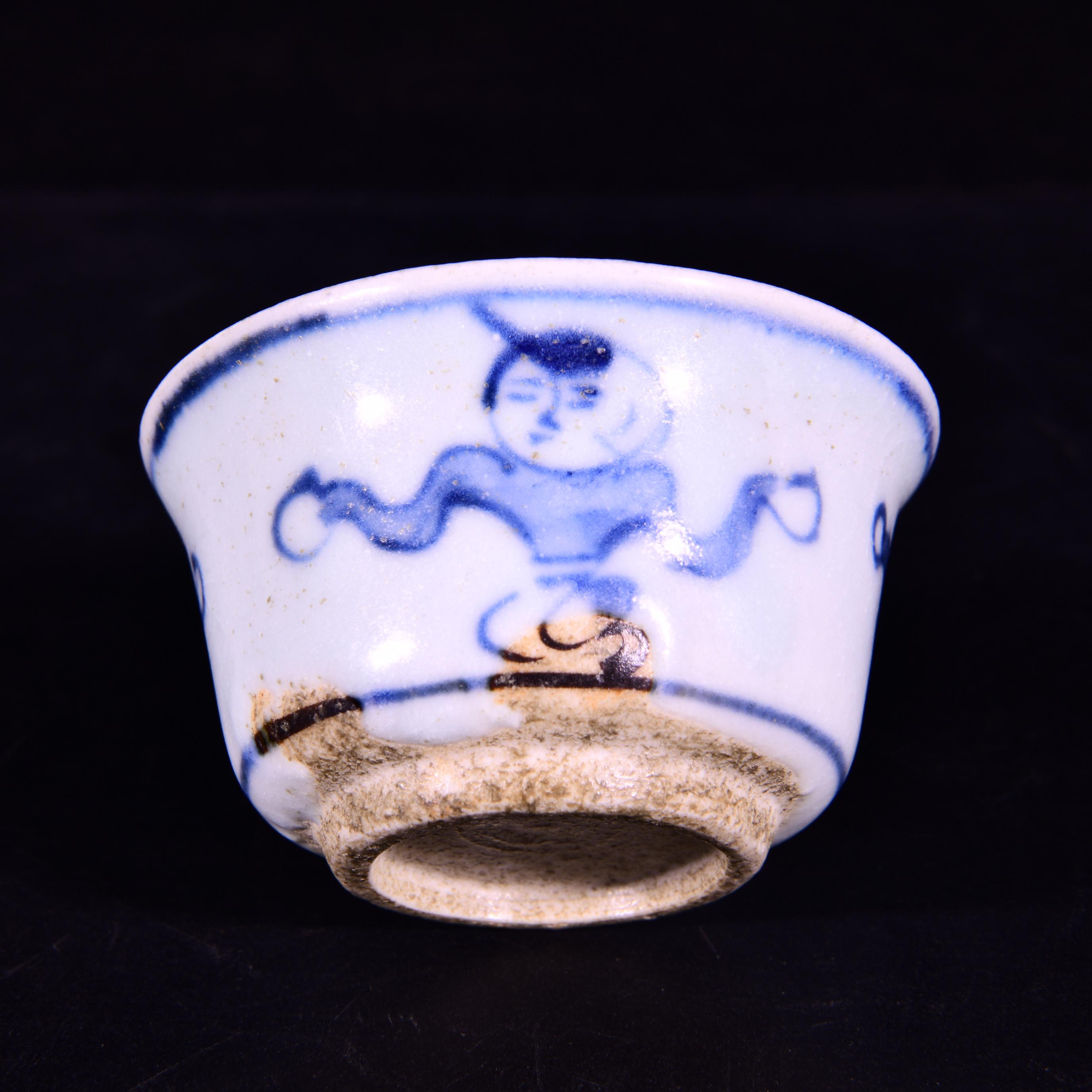 大唐天目山窑松柴烧制青花婴戏图纹诧寂酒杯茶杯