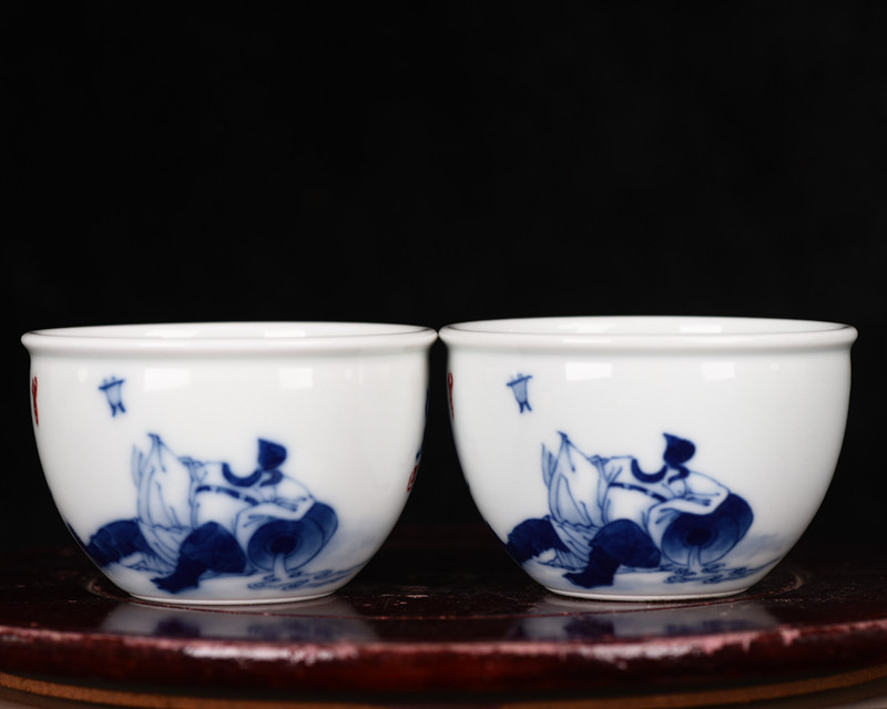 清康熙青花无相太白邀月纹酒杯茶杯
