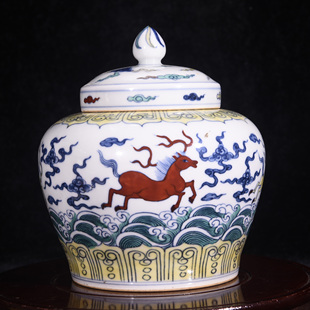 大明成化年松柴烧制姹紫斗彩海水天马纹天字罐