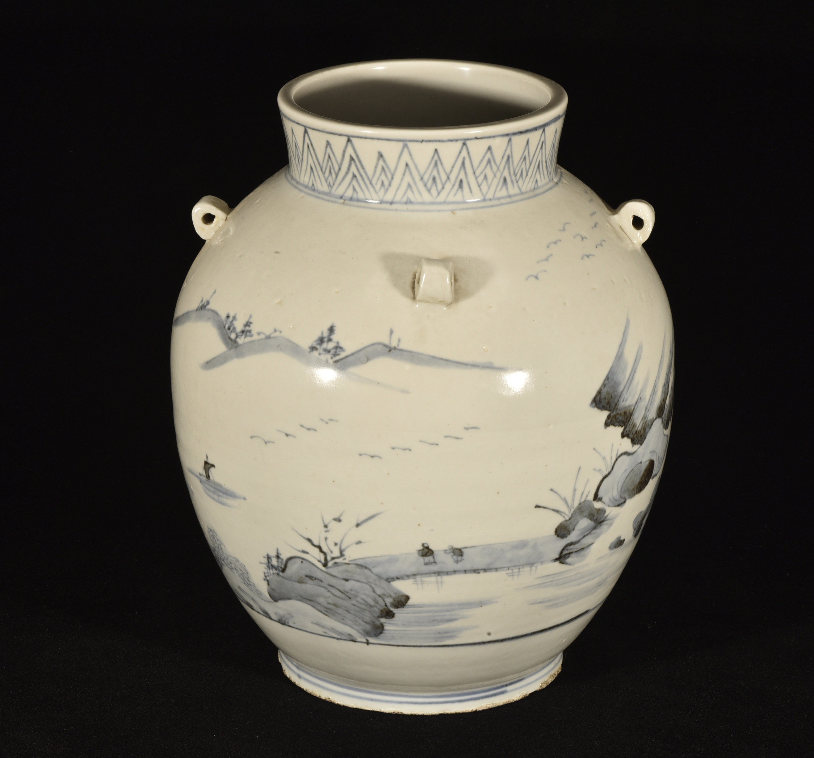 大明天启年高丽瓷青花山水纹四系罐