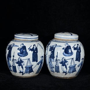 大清光绪年制青花百戏图盖罐