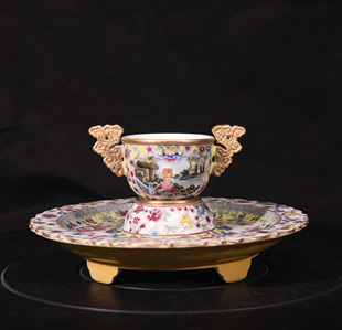 大清雍正御制珐琅彩胭脂红山水西洋人本色真金合卺杯酒杯茶杯