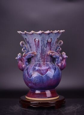 大宋玫瑰红玫瑰紫釉窑变钧窑双凤尊