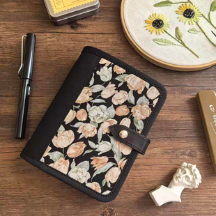 【黑色玫瑰】进口棉布手工活页本 真皮搭扣拼接布艺活页 手帐本