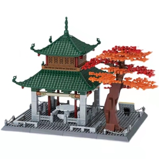 包邮国产小颗粒积木中国风故宫三国明朝清朝人仔场景爱晚亭子建筑