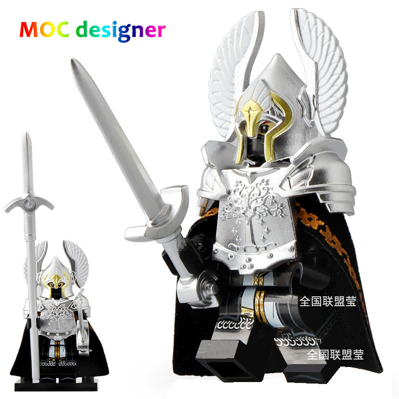 中古世纪积木指环王人仔涌泉守卫士兵电镀银色盔甲配双道具长矛剑